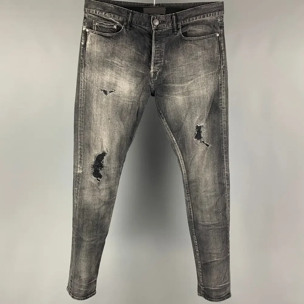 JOHN ELLIOTT Size 34 Grey Distressed Cotton Button Fly Jeans